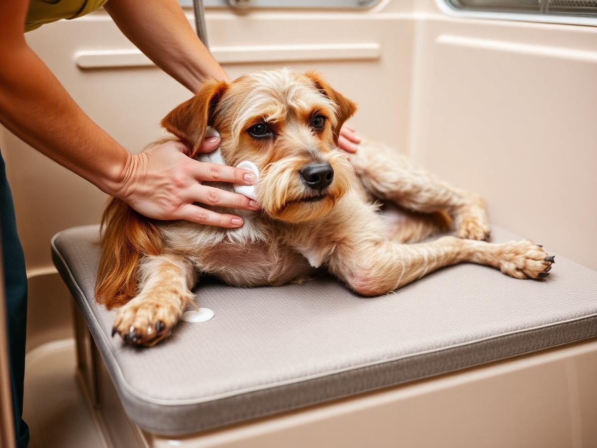 A senior dog resting on a padded orthopedic mat while being bathed in a mobile grooming trailer