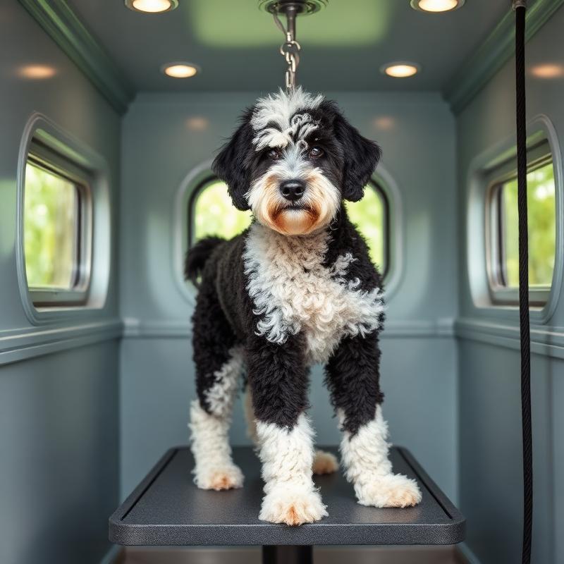 Sheepadoodle being groomed on the table inside the K-Pup mobile grooming trailer