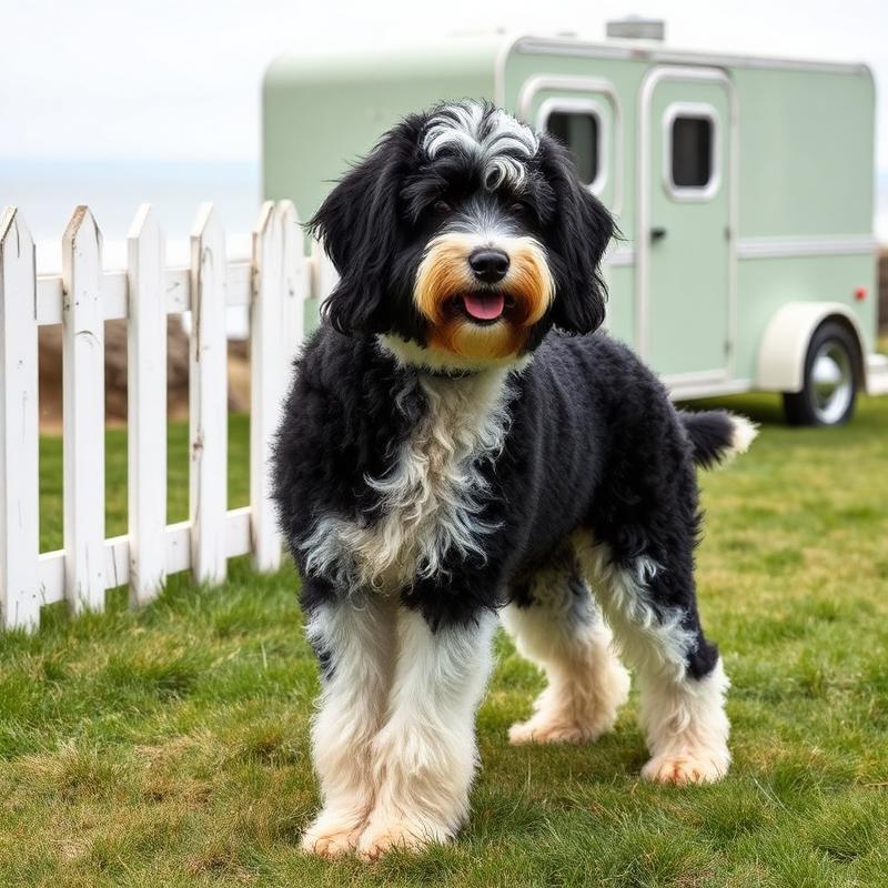 Freshly groomed Sheepadoodle on the southern Maine coast beside the K-Pup mobile grooming trailer