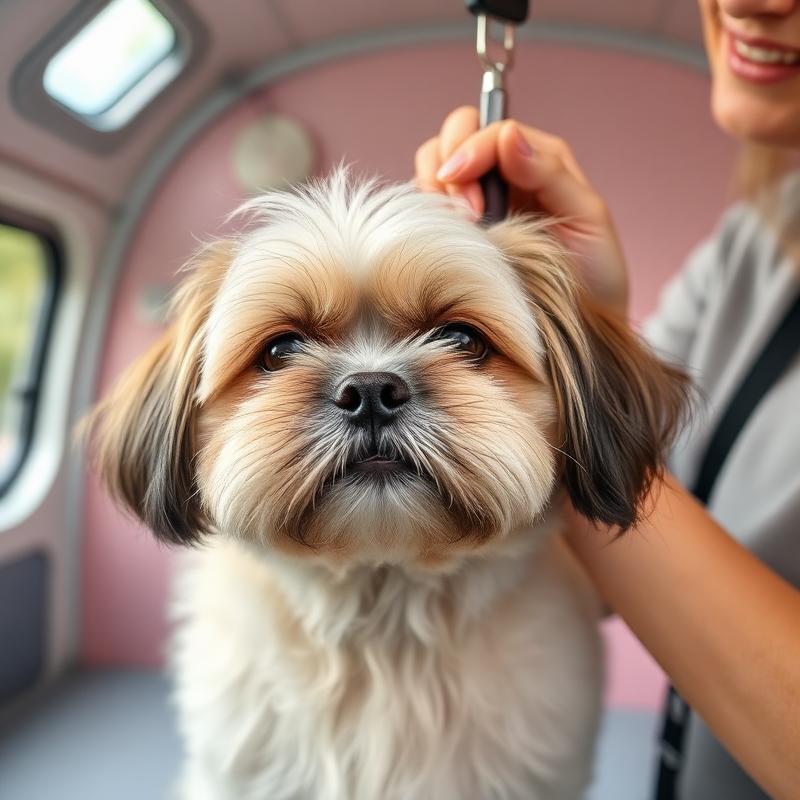 Shih Tzu being groomed on the table inside the K-Pup mobile grooming trailer