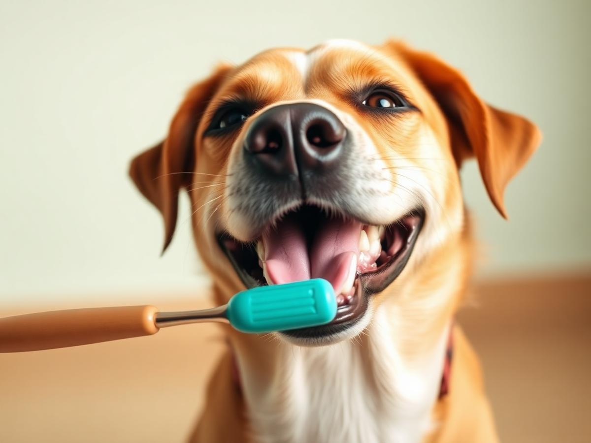 A happy dog showing clean, healthy teeth after a gentle dental brushing