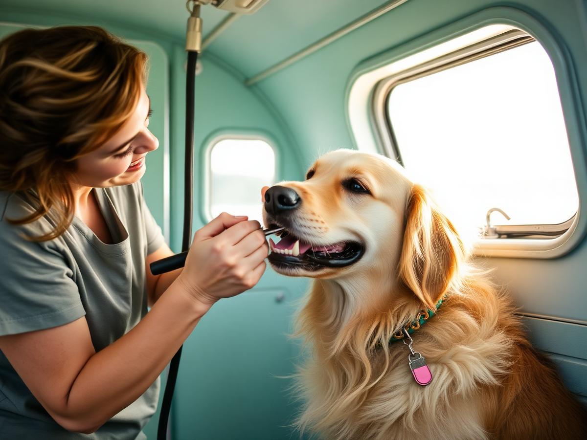 A groomer gently brushing a golden retriever's teeth inside K-Pup's mobile grooming trailer