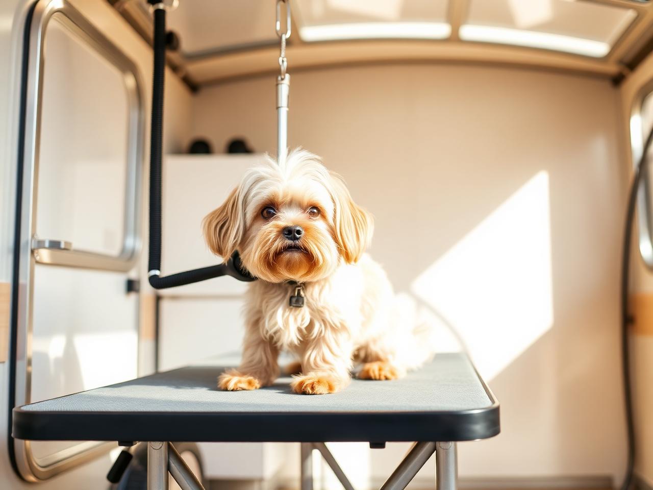 Yorkipoo being groomed on the table inside the K-Pup mobile grooming trailer