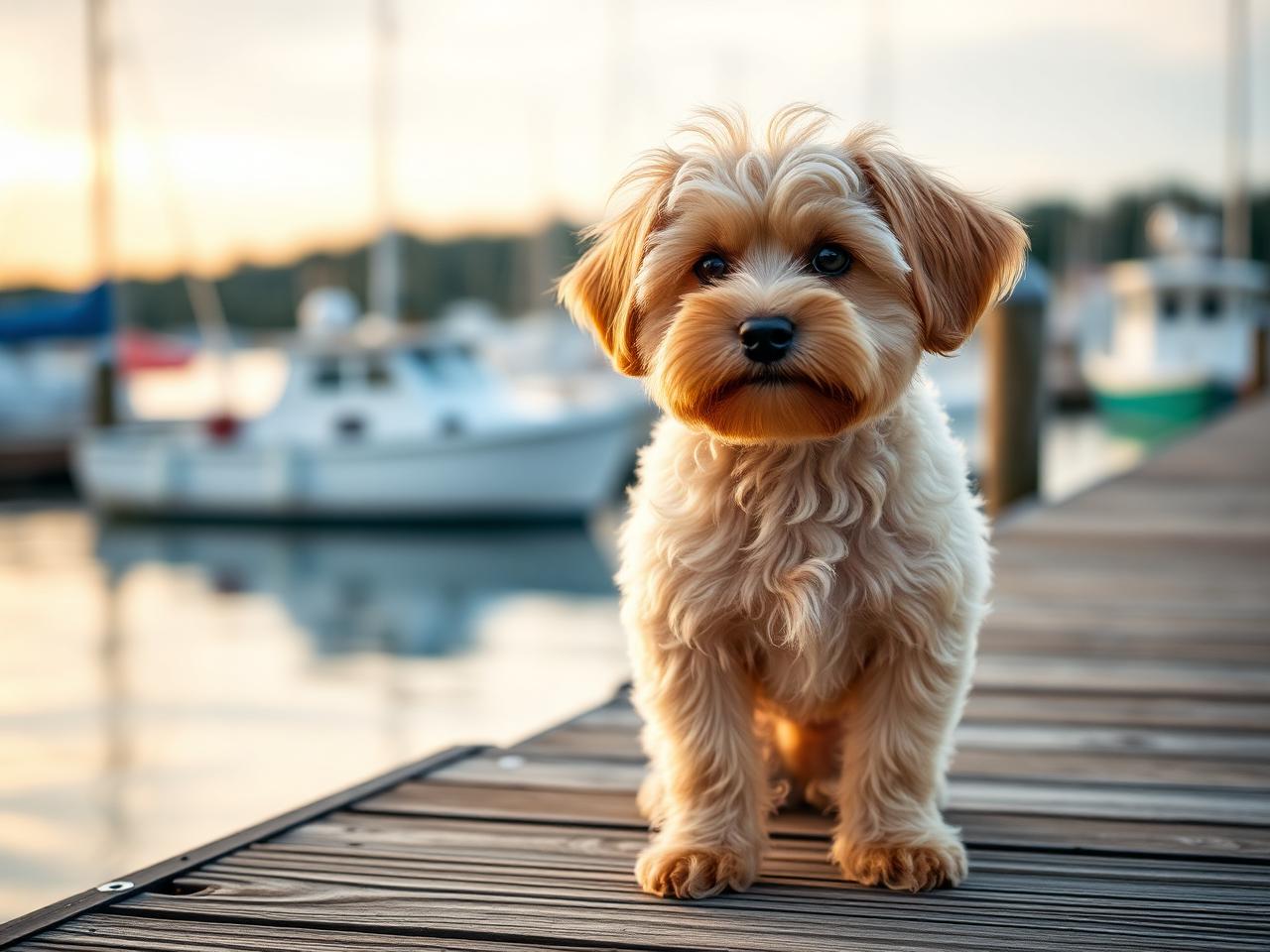 Freshly groomed Yorkipoo on the southern Maine coast beside the K-Pup mobile grooming trailer