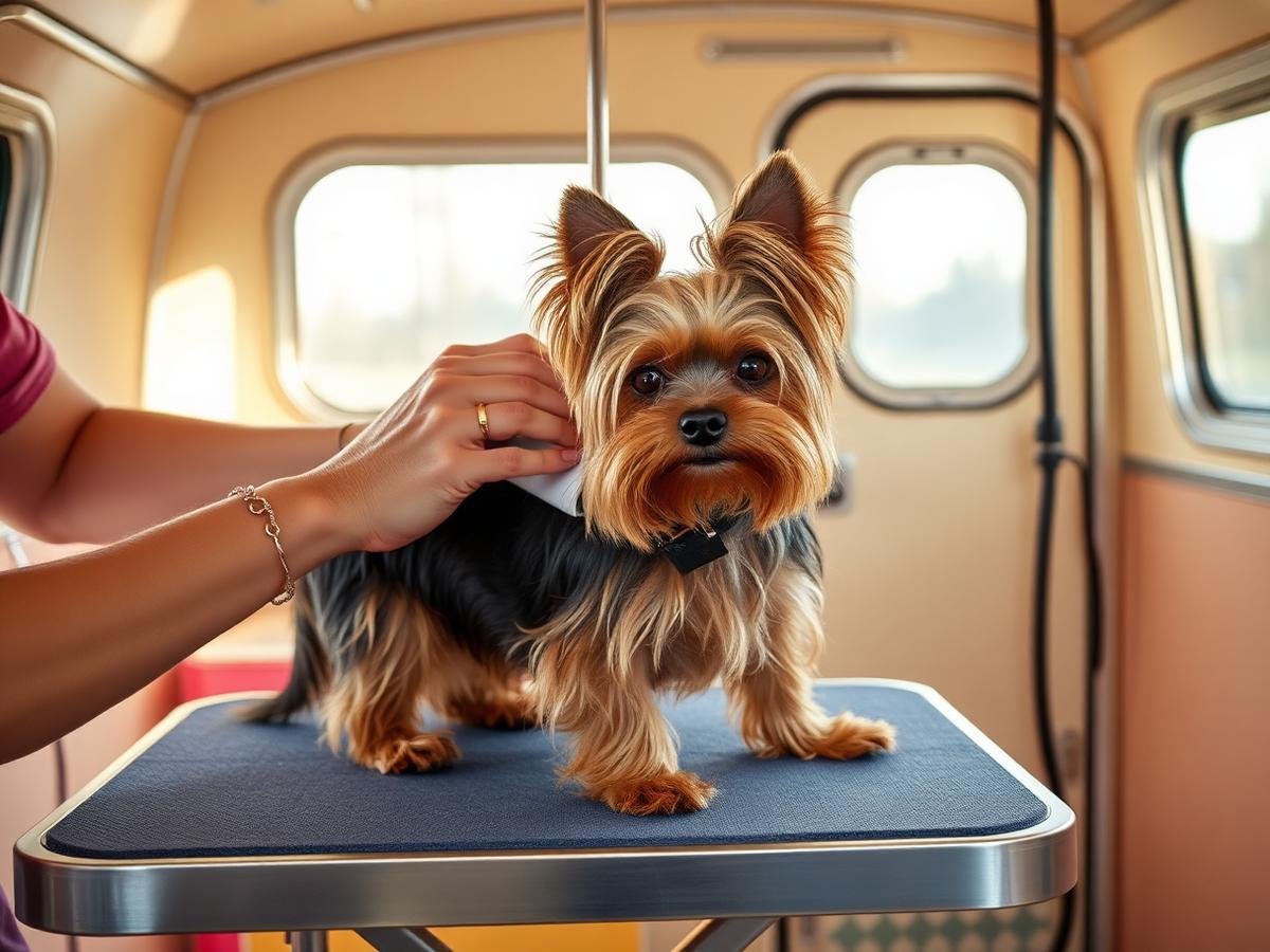 Yorkshire Terrier being groomed on the table inside the K-Pup mobile grooming trailer