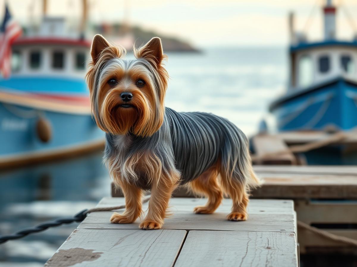 Freshly groomed Yorkshire Terrier on the southern Maine coast beside the K-Pup mobile grooming trailer